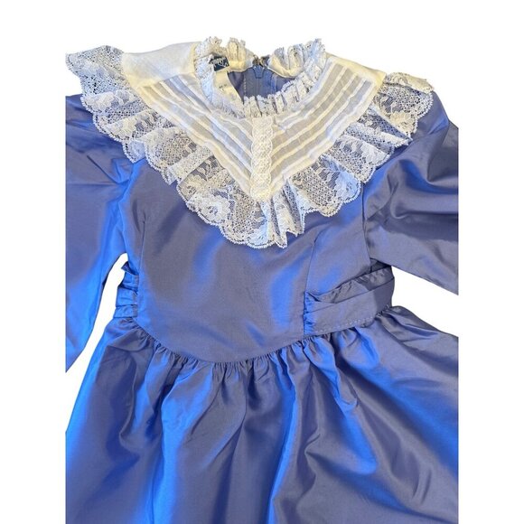 Vintage 80s Polly Flinders Girls Blue Long-Sleeve Dress Lace Back Tie Sz 4 - Picture 2 of 7